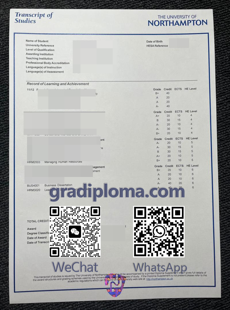 University of Northampton transcript
