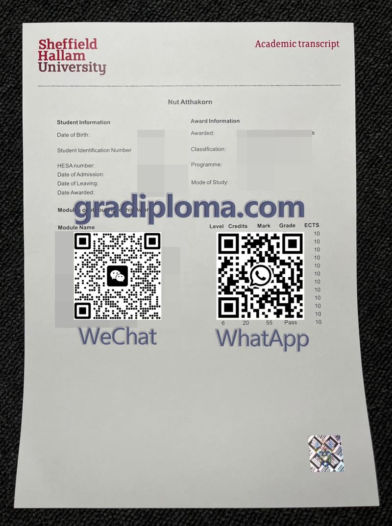 Sheffield Hallam University transcript