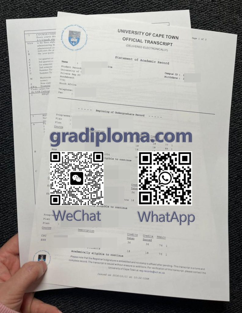 Buy fake University of Cape Town transcript with good scores