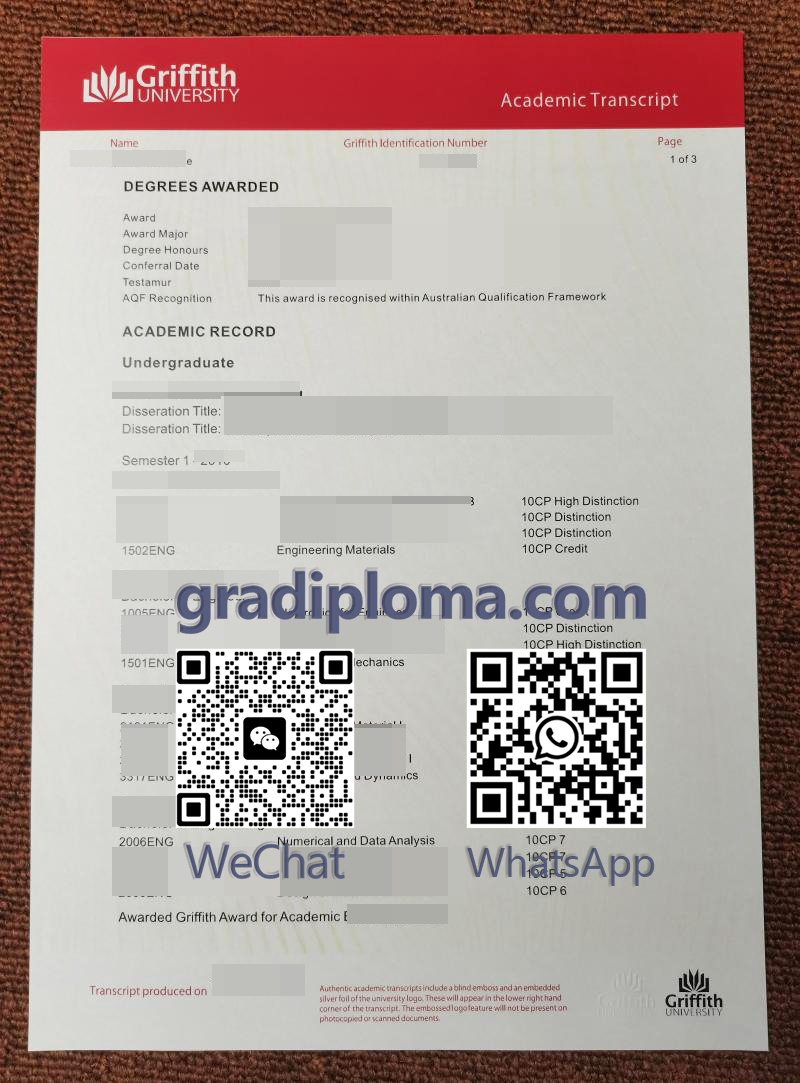 Griffith University academic transcript