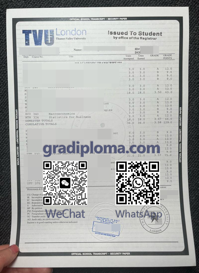 Thames Valley University transcript