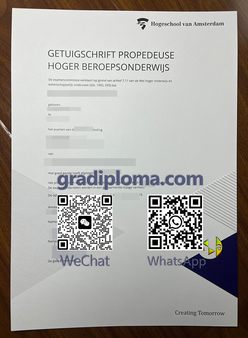 Hogeschool van Amsterdam Getuigschrift